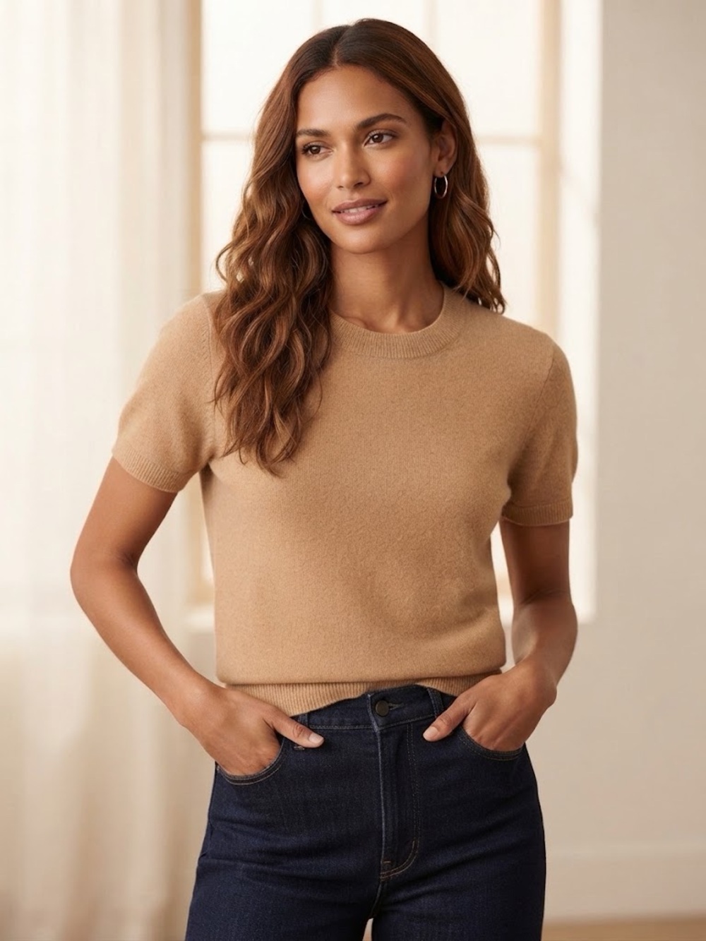 Quince Women’s Mongolian Cashmere Crewneck Sweater in Camel Tan Small